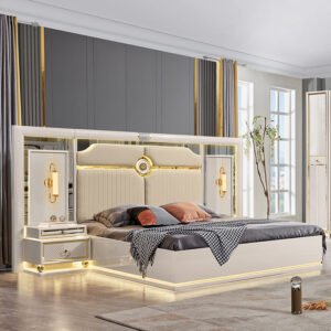 Contemporary Wood Leather Home Bedroom Frame Bed Set Double King